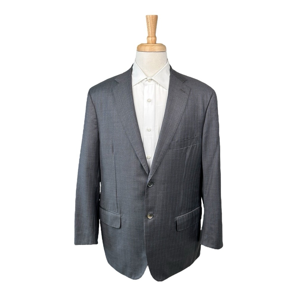 Isaia Napoli Gray Blue Striped Sciammeria Super 150s Wool Suit 42R 36x28